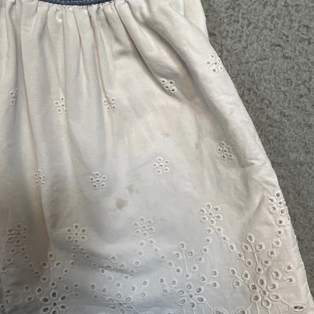 OshKosh B'gosh Overall Dress Kids 4T Blue White Good Eyelet Lace Denim Pinafore